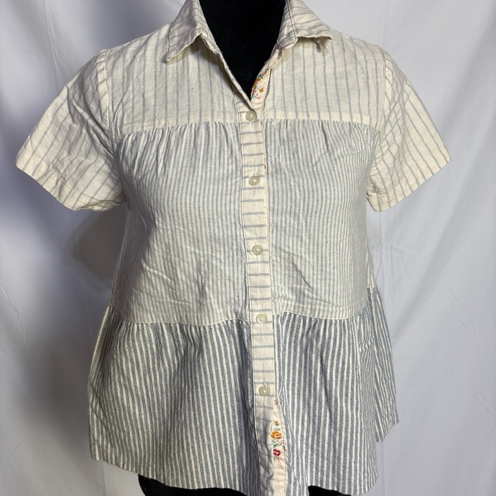 Madewell Cream and Blue Boxy Button Down Shirt